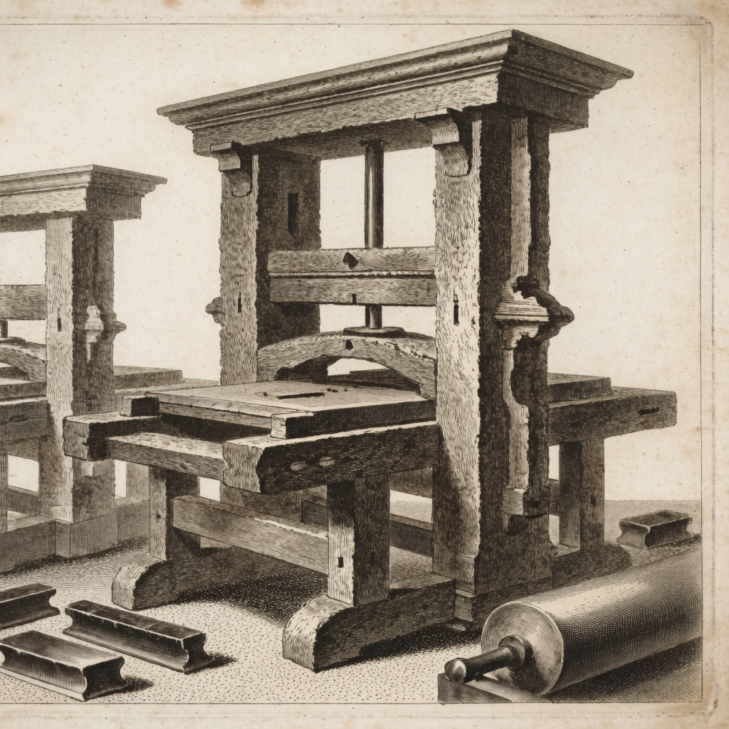 Engraving of the oak frame of a wooden common press.