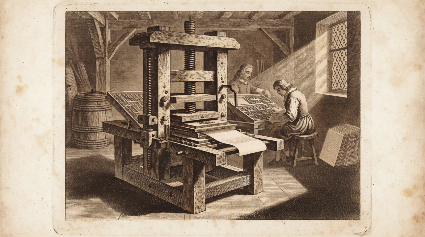 An eighteenth-century engraving of a wooden screw printing press in the tradition of Johannes Gutenberg, drawn with hatched linework on aged paper.